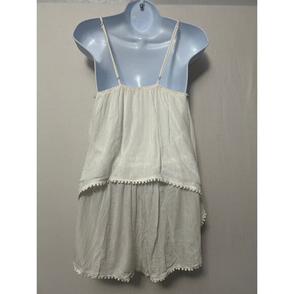 Sage The Label Lagoon White Layered Pom Pom Trim Flowy Romper Size Small - Picture 7 of 9